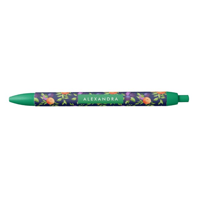 Peaches Plums Purple Cute Fruit Botanical Pattern Black Ink Pen (Front)