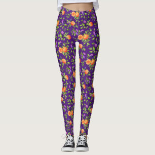Peaches Plums Purple Cute Fruit Botanical Pattern Leggings
