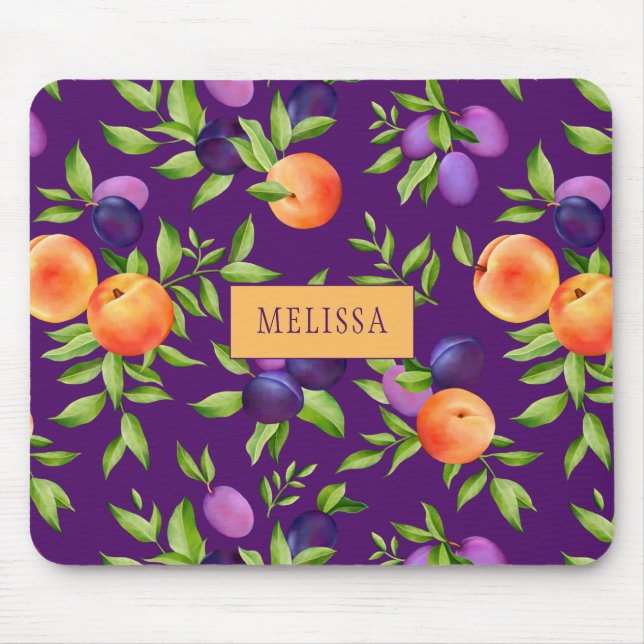 Peaches Plums Purple Cute Fruit Botanical Pattern Mouse Mat (Front)