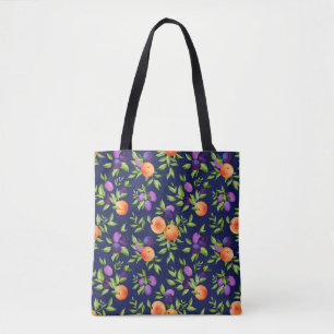 Peaches Plums Purple Cute Fruit Botanical Pattern Tote Bag