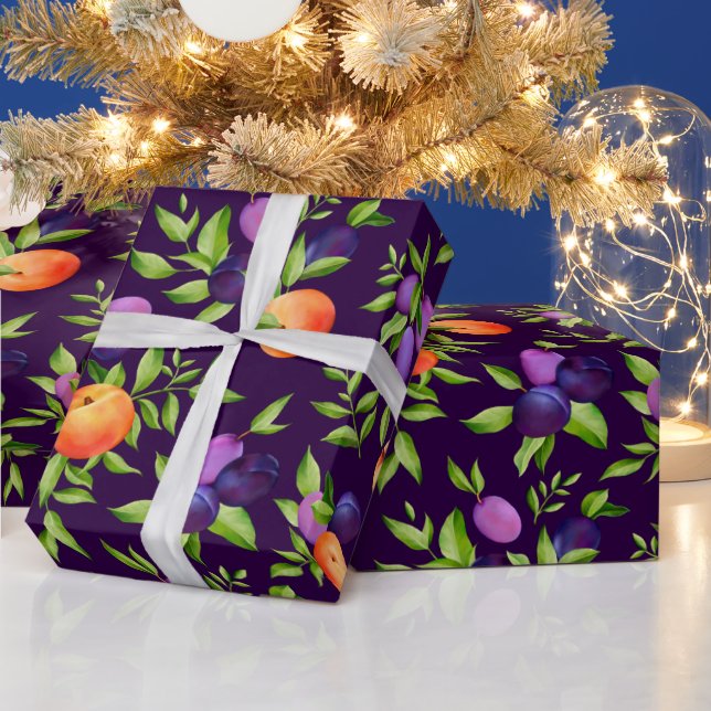 Peaches Plums Purple Cute Fruit Botanical Pattern Wrapping Paper (Holidays)