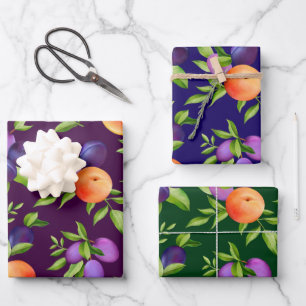 Peaches Plums Purple Cute Fruit Botanical Pattern Wrapping Paper Sheet
