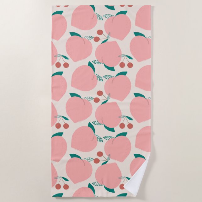 Peaches & Red Cherries Fun Fruit Pattern Beach Towel (Front)