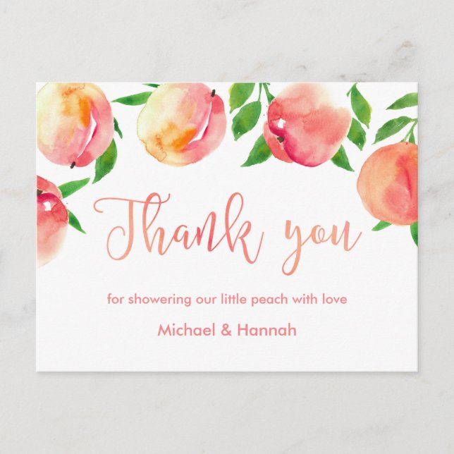 peaches thank you card, little peach baby shower postcard (Front)