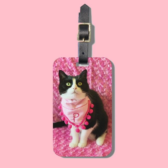 Peaches the Tuxedo Cat Pink Bandanna Luggage Tag (Creator Uploaded)