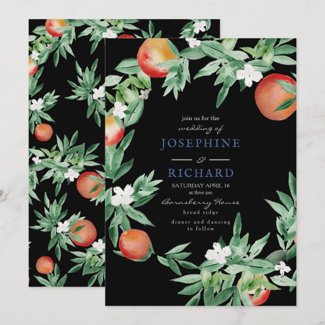 Peaches, watercolour design, midnight black invitation (Front/Back)