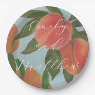 Peaches with Pale Blue Bride & Groom Paper Plate