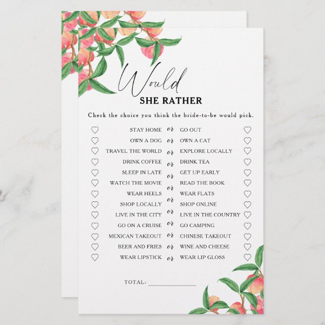 Peaches - Would she rather bridal shower game (Front/Back)
