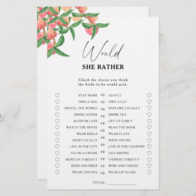 Peaches - Would she rather bridal shower game (Front/Back)