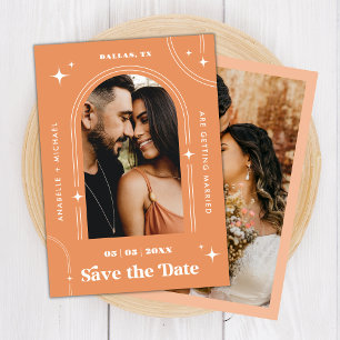 Peachy Apricot Boho Arch Retro Script 2 Photo 70s Save The Date