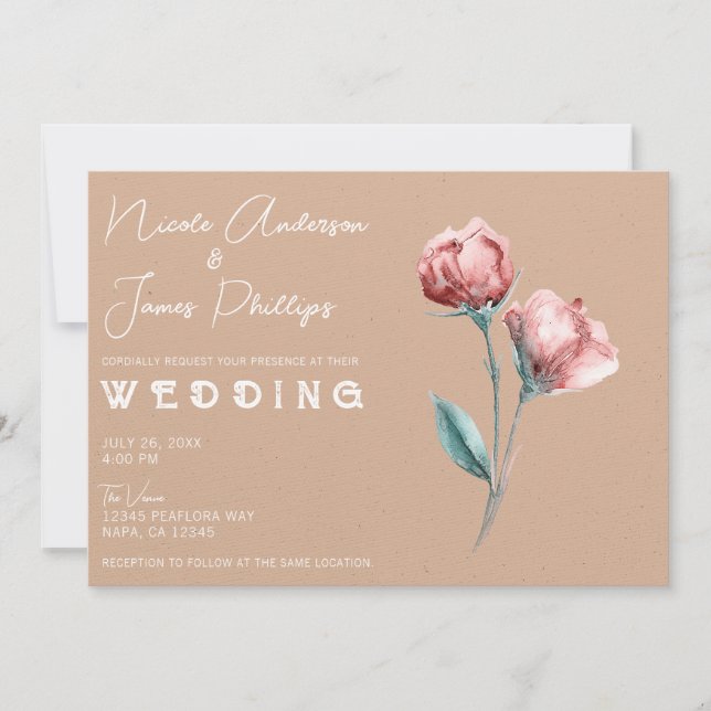 Peachy Beige Watercolor Floral Wedding Invitation (Front)