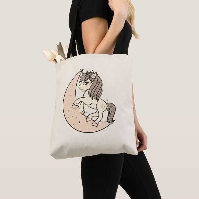 Peachy Blush Pink Celestial Moon & Stars Unicorn Tote Bag (Close Up)