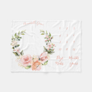 Peachy Coral Rose Wreath Monthly Baby Milestone Fleece Blanket