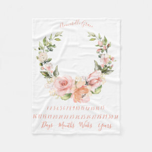 Peachy Coral Rose Wreath Monthly Baby Milestone Fleece Blanket