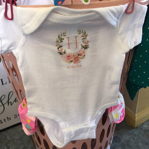 Peachy Coral Rose Wreath Personalised Baby Name Bodysuit