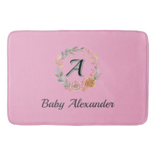 Peachy Coral Rose Wreath Personalized Name  Bath Mat