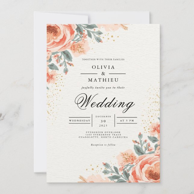 Peachy Floral Arch Flourish Wedding Invitation (Front)