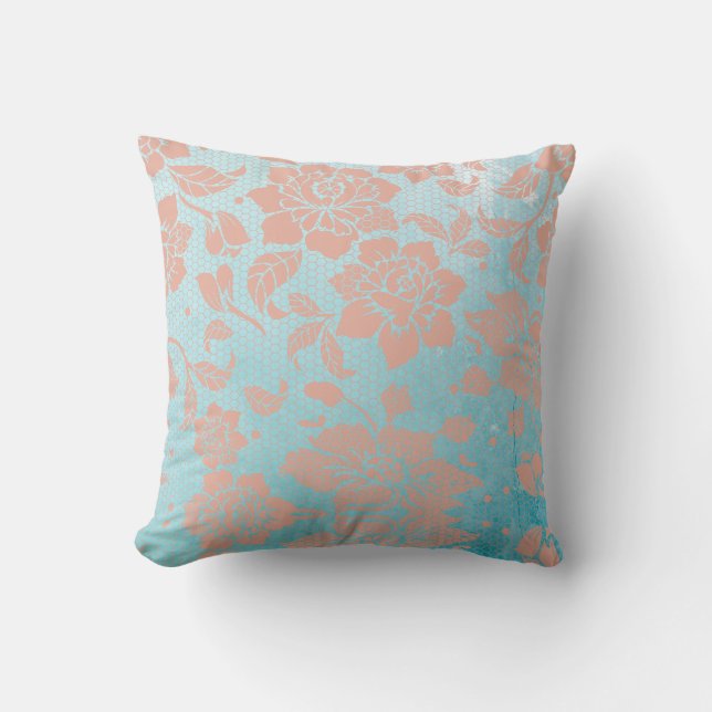 Peachy Floral Lace & Teal Cushion (Front)