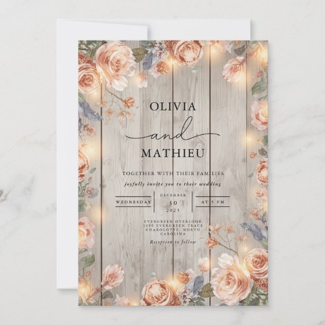 Peachy Floral Rustic Wood Wedding Invitation (Front)
