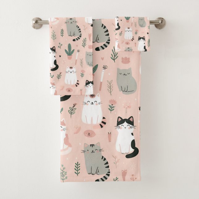 Peachy Keen Kitties Bath Towel Set (Insitu)