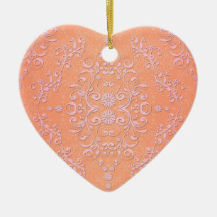 Peachy Orange and Pale Pink Damask Ceramic Tree Decoration