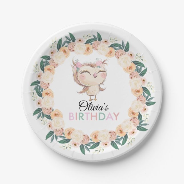 Peachy Owl Birthday Party Plate (Front)