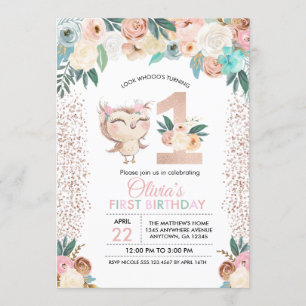 Peachy Owl First Birthday Invitation