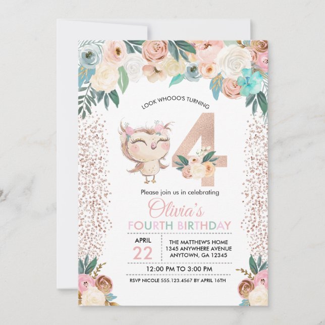 Peachy Owl Fourth Birthday Invitation (Front)