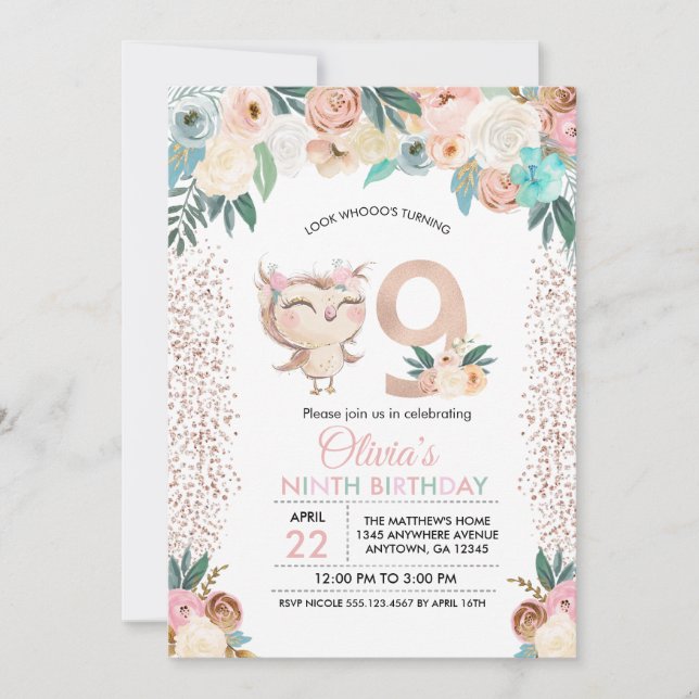 Peachy Owl Ninth Birthday Invitation (Front)