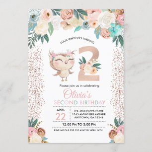 Peachy Owl Second Birthday Invitation