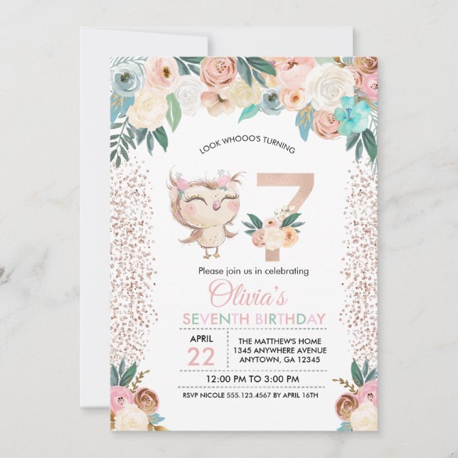 Peachy Owl Seventh Birthday Invitation (Front)