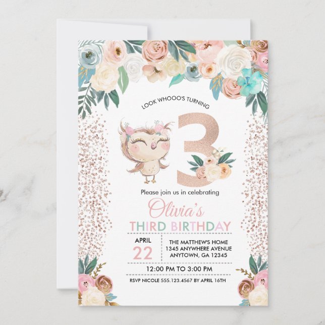 Peachy Owl Third Birthday Invitation (Front)