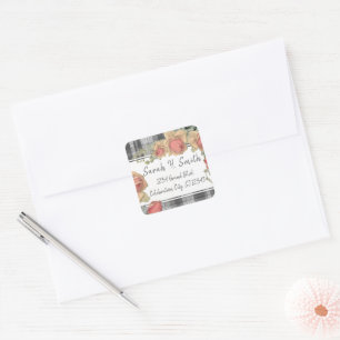 Peachy Pink and Grey Plaid  Return Address Square Sticker