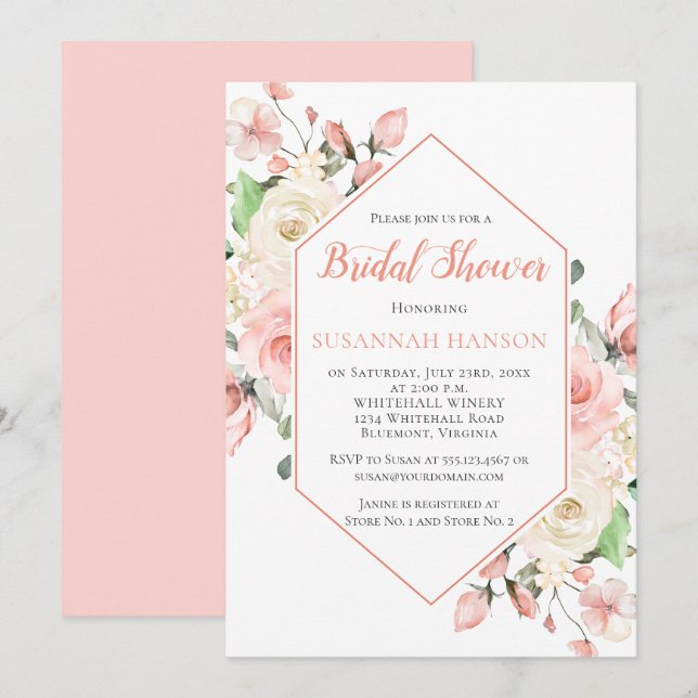 Peachy Pink and White Roses Frame Bridal Shower Invitation (Front/Back)