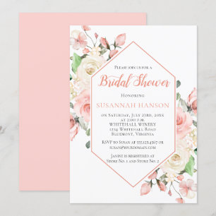 Peachy Pink and White Roses Frame Bridal Shower Invitation