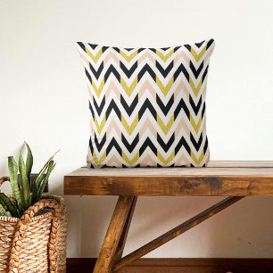 Peachy Pink, Black, Gold & White Chevron Stripes Cushion