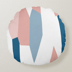 Peachy Pink Blue and White Abstract  Round Cushion