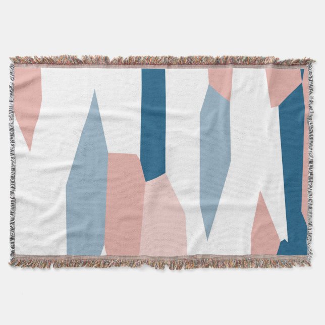 Peachy Pink Blue and White Abstract Throw Blanket (Front)
