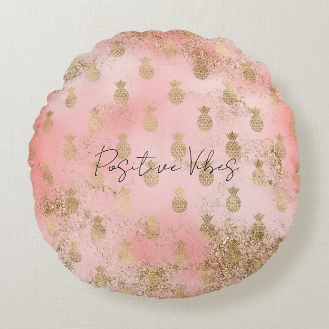 Peachy Pink Blush Gold Glitter Pineapples    Round Cushion (Front)