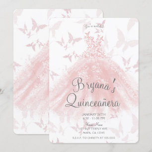 Peachy Pink Butterfly Dance Dress Quinceañera Invitation
