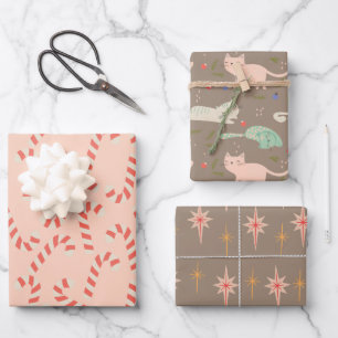 Peachy Pink Christmas Candy Canes Meowy Wrapping Paper Sheet