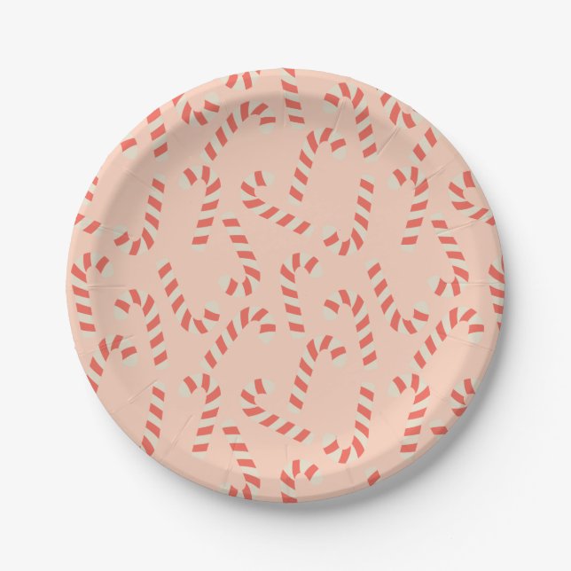 Peachy Pink Christmas Candy Canes Paper Plate (Front)