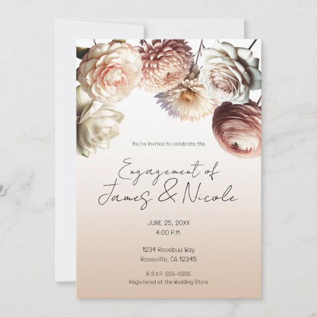 Peachy Pink Creamy White Flowers Floral Engagement Invitation (Front)