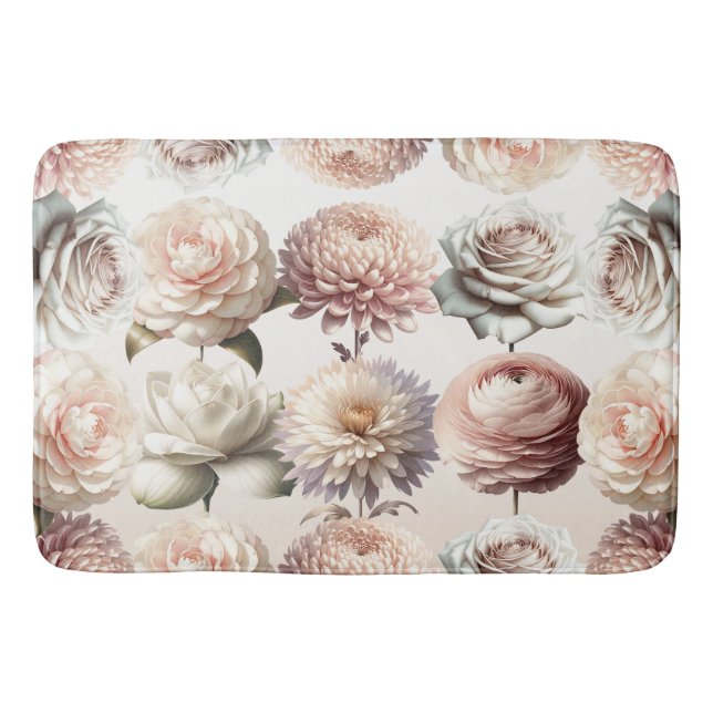 Peachy Pink Creamy White Flowers Floral Wedding Bath Mat (Front)