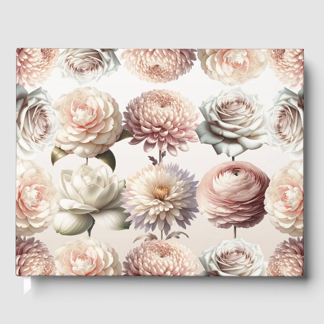 Peachy Pink Creamy White Flowers Floral Wedding Guest Book (Front)