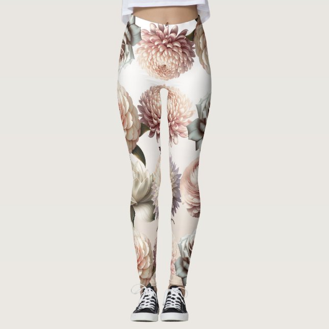 Peachy Pink Creamy White Flowers Floral Wedding Leggings (Front)