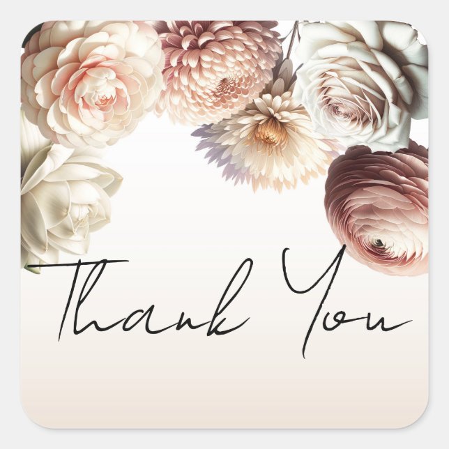 Peachy Pink Creamy White Flowers Floral Wedding Square Sticker (Front)