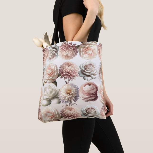 Peachy Pink Creamy White Flowers Floral Wedding Tote Bag (Close Up)