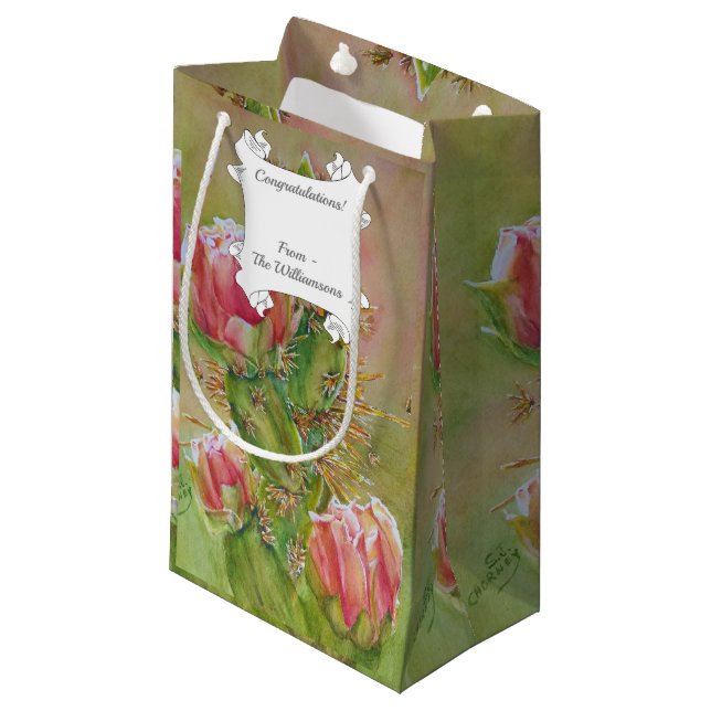 Peachy Pink Desert Cactus Flowers Small Gift Bag (Front Angled)