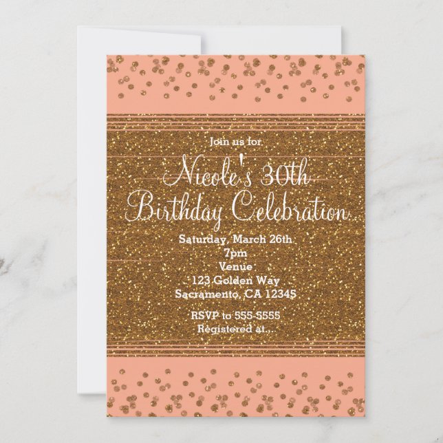 Peachy Pink & Gold Confetti Dots Party Invitations (Front)